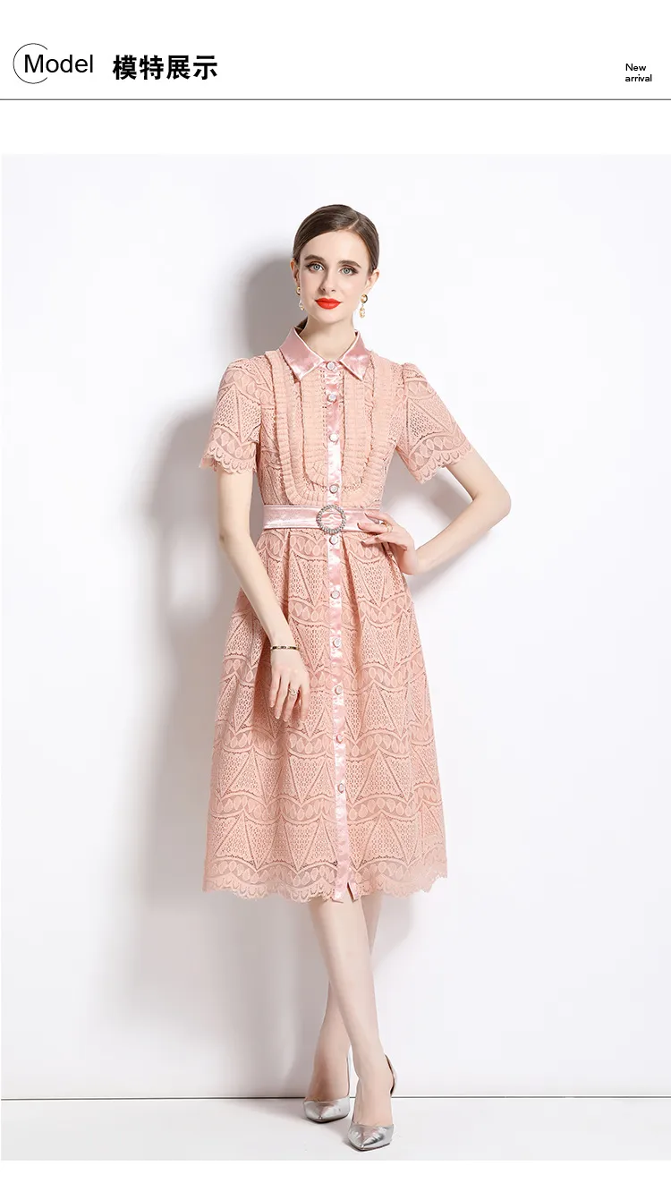 2023 Casual Dresses Luxury Runway Pink Embroidery Mesh Dress Robe Women's Lapel Collar Short Sleeve High Waist Midi Dress With Belt Vestidos