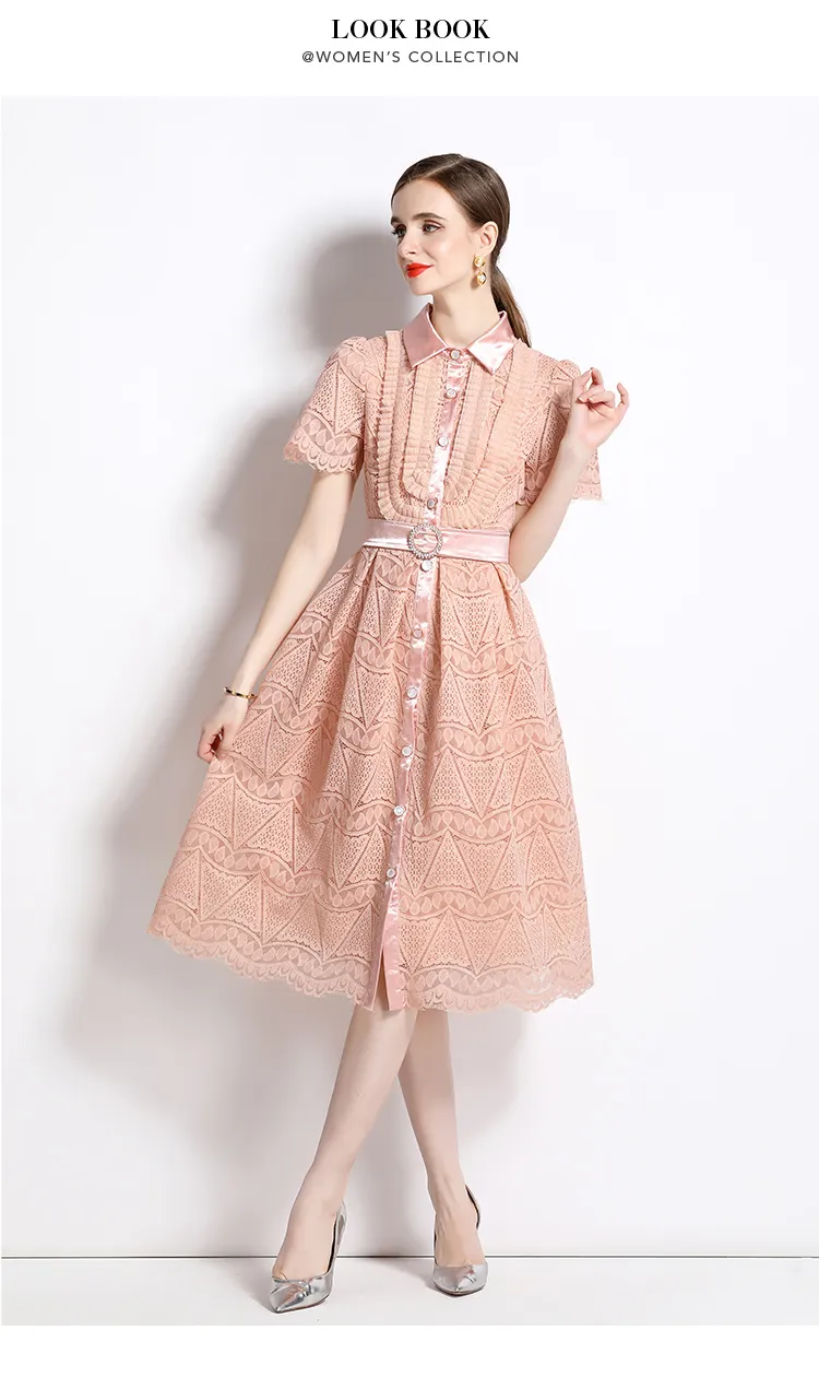 2023 Casual Dresses Luxury Runway Pink Embroidery Mesh Dress Robe Women's Lapel Collar Short Sleeve High Waist Midi Dress With Belt Vestidos