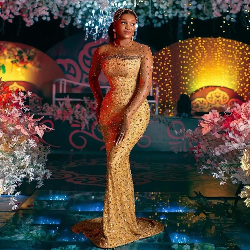 strapless open back dress Metallic Gold Strapless Beaded Prom Dress with Slit – FancyVestido main image 0