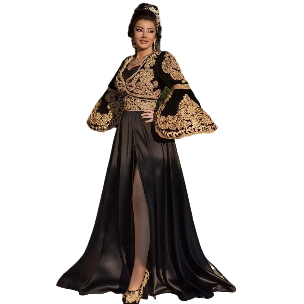 Kosovo Albanian kaftan evening dress with Black Flared Sleeves and Gold Lace Applique - Perfect for Prom and Special Occasions Kosovo Albanian kaftan evening dress with Black Flared Sleeves and Gold Lace Applique - Perfect for Prom and Special Occasions