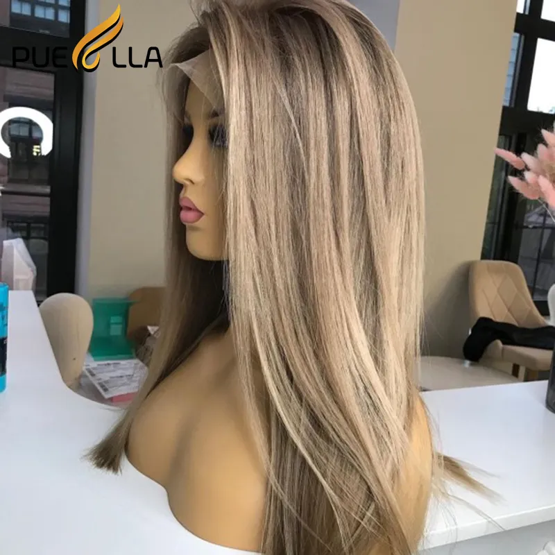 13x4 Lace Frontal Human Hair Wig HD Transparent Lace Front Ash Blonde Highlight Wig Brazilian Ombre Gray Straight Lace Front Wig