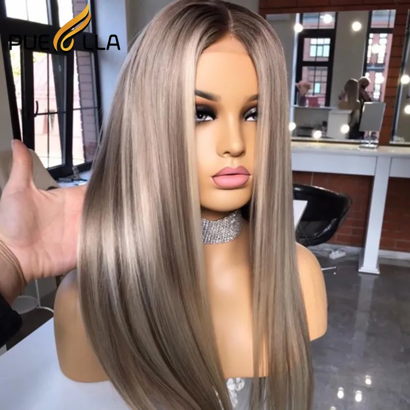 13x4 Lace Frontal Human Hair Wig HD Transparent Lace Front Ash Blonde Highlight Wig Brazilian Ombre Gray Straight Lace Front Wig