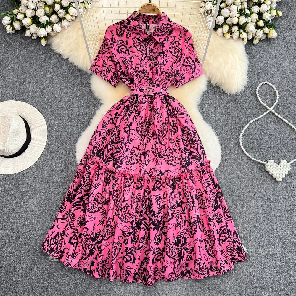 2023 Casual Dresses Summer Fashion Designer Runway Vintage Dress Women Lapel Short Sleeve Black Flower Print Lace Up Belt Pleated Vestidos