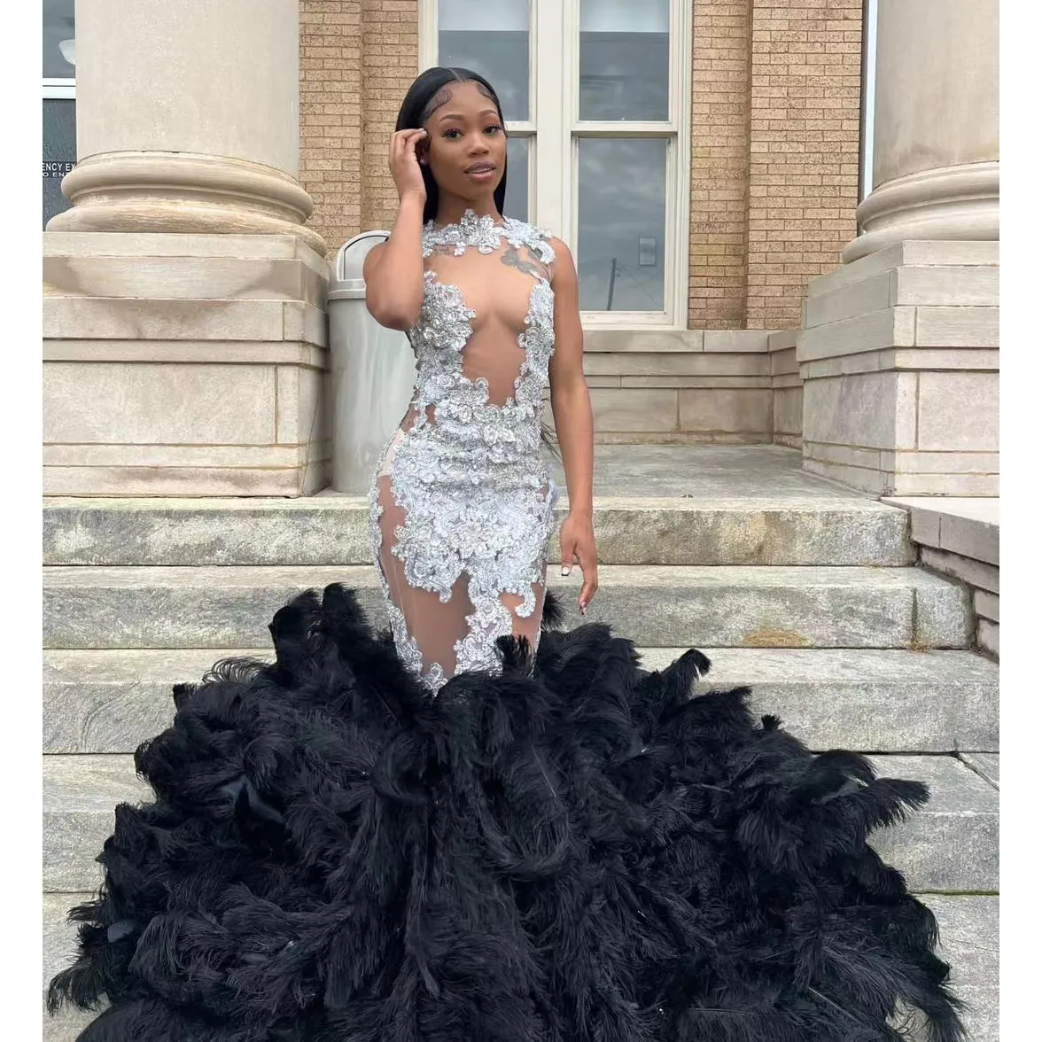 Black Mermaid Evening Dress with Appliques and Feathers Sleeveless Tulle Prom  Dress with Sweep Train and Jewel Neckline from Dhgate Prom Dresses - price  285.08