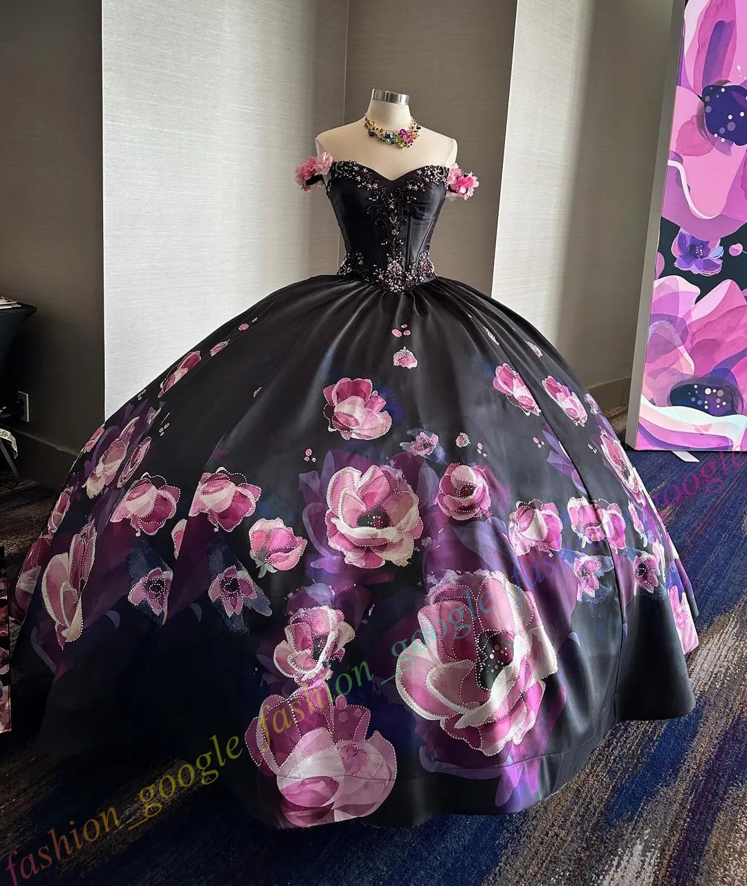 2025 Screen Print Floral Charro Quinceanera Black Dress for Wedding in Black Pink for 15th Girl - Perfect for Sweet 15/16 Birthday Parties, Proms, and