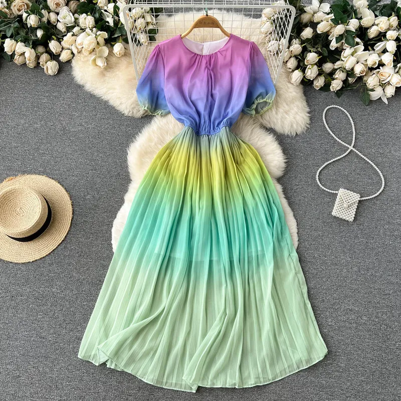 2023 Casual Dresses O Neck Puff Sleeve Pleated Slim Waist Dress Changing Color Design Sense Robe Korean Summer Office Lady Elegant Vestidos