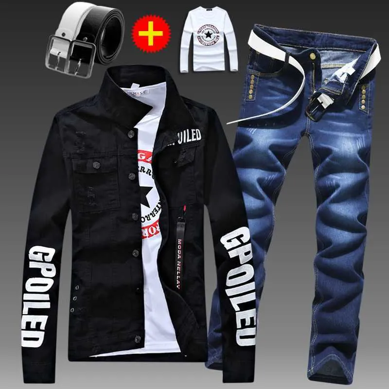 Men s Slim Fit Denim Jacket Pants 2pcs Set Long Sleeve Coats Letters Printed Casual Large Size Black White Red Boys Trousers
