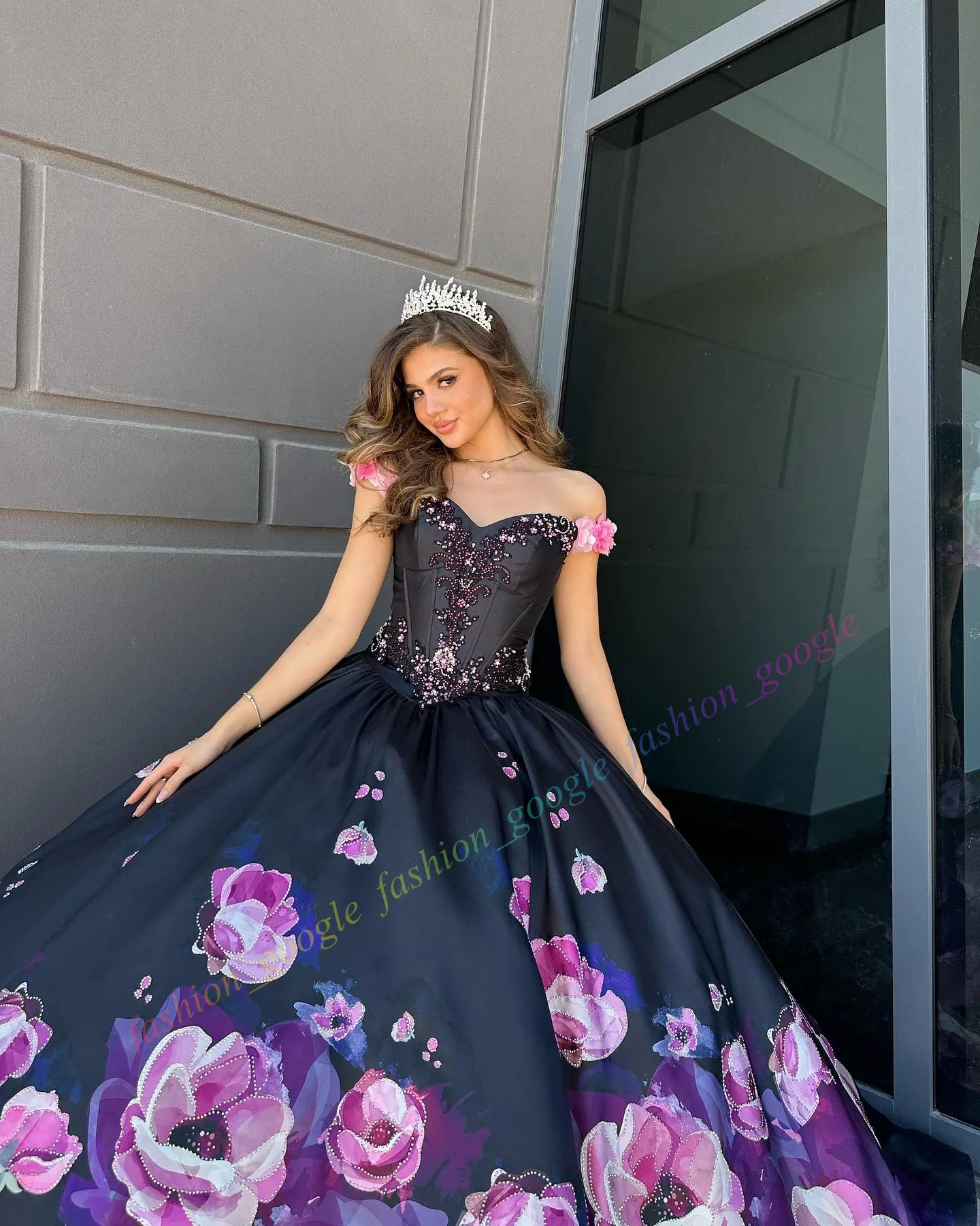 2025 Screen Print Floral Charro Quinceanera Black Dress for Wedding in Black Pink for 15th Girl - Perfect for Sweet 15/16 Birthday Parties, Proms, and