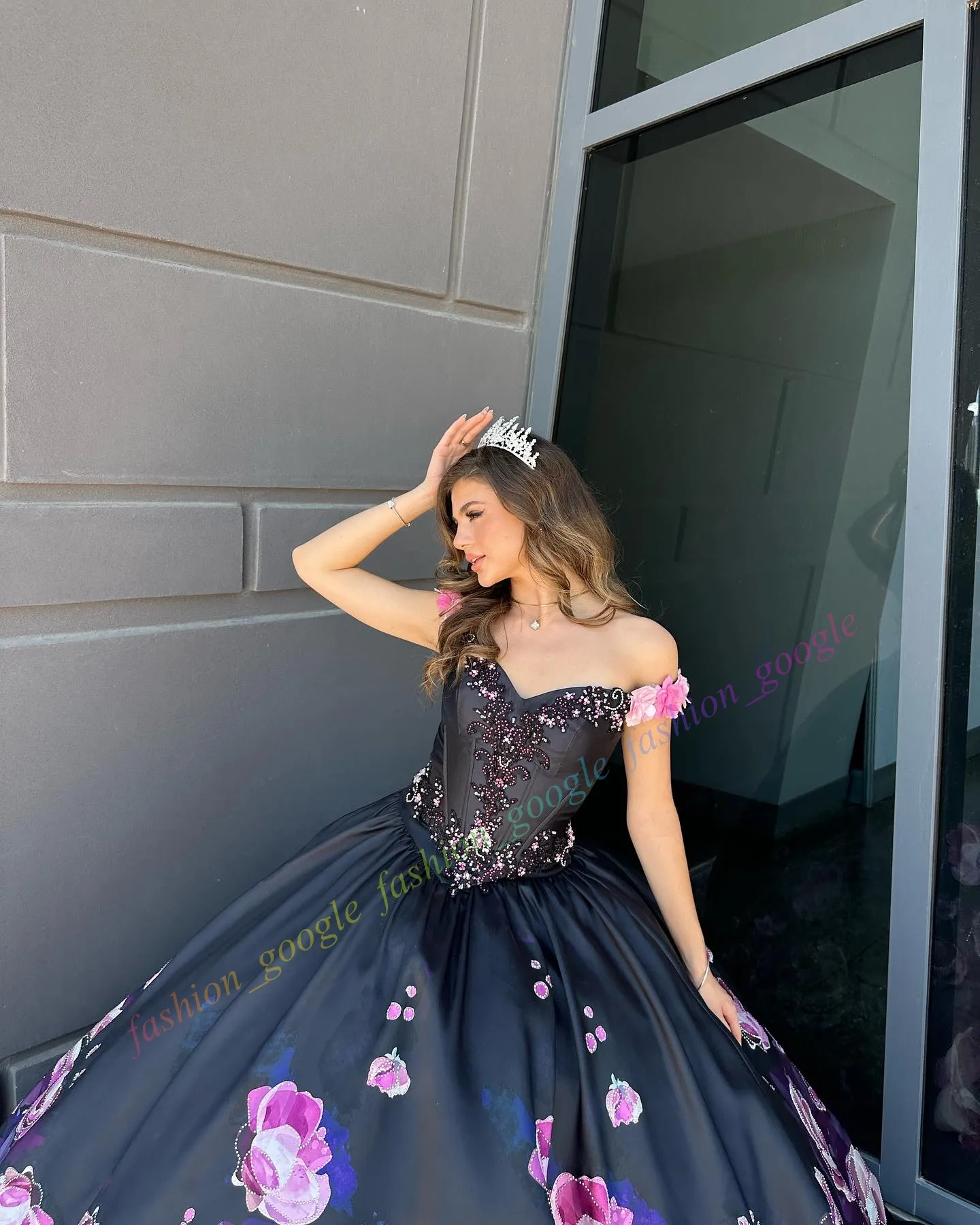 2025 Screen Print Floral Charro Quinceanera Black Dress for Wedding in Black Pink for 15th Girl - Perfect for Sweet 15/16 Birthday Parties, Proms, and