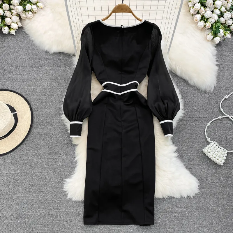 2023 Casual Dresses Square Collar Contrast Color Bowknot Robe Femme Autumn Vestidos De Mujer Elegant Long Sleeve Slim Hip Package Dresses