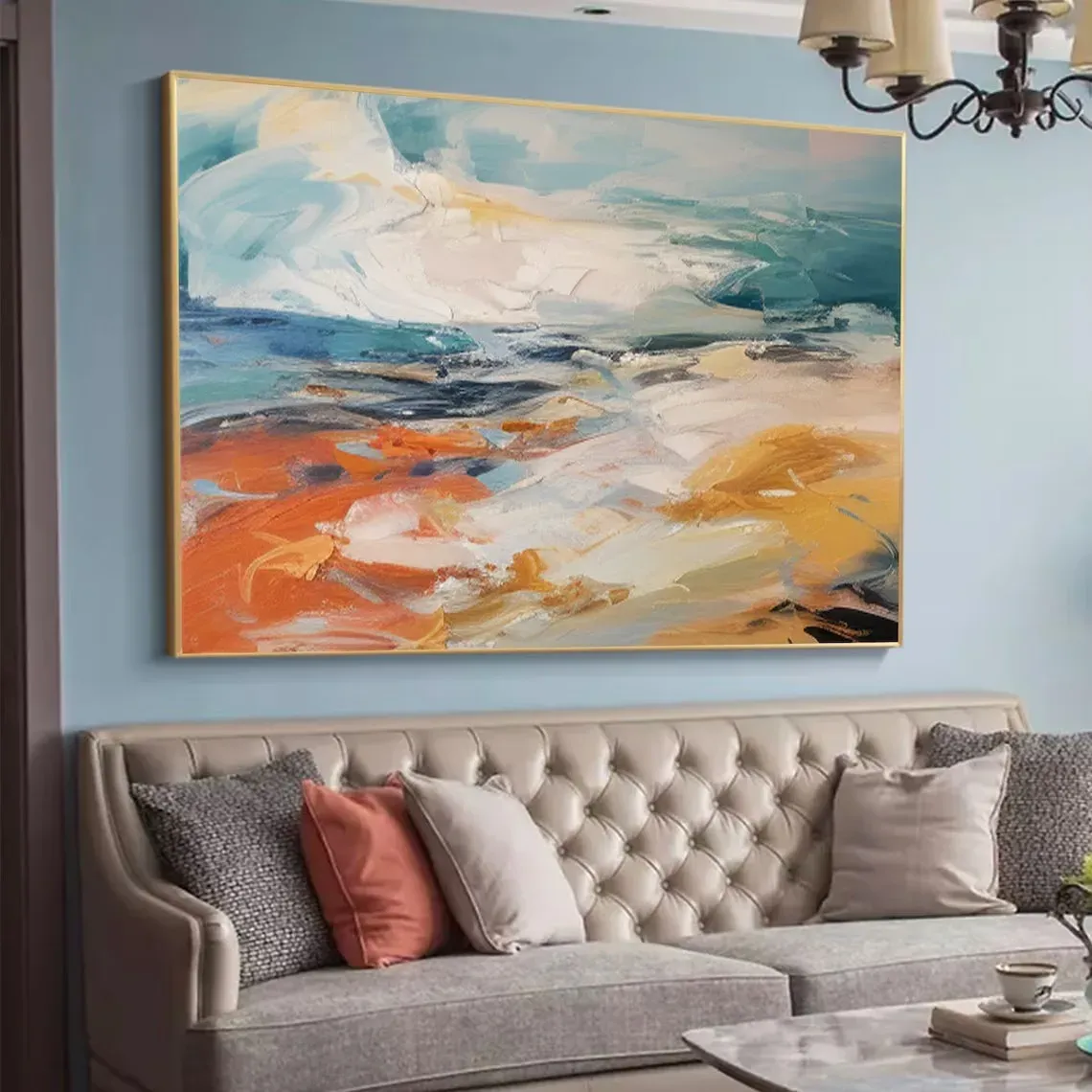 Hand Painted Large Abstract Blue Ocean Sunrise Oil Painting On Canvas ...
