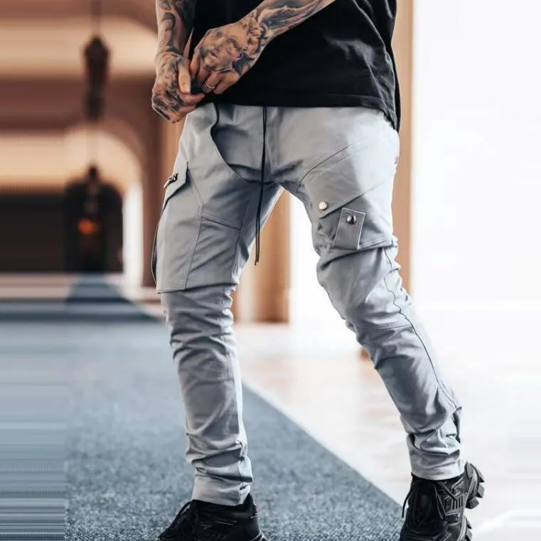 Nuevos pantalones para hombre con bolsillos laterales Cargo con cremallera negro Hip Hop Casual pantalones para correr para hombre moda ropa de calle
