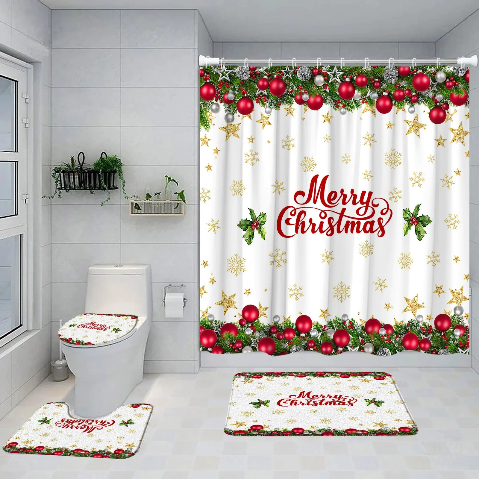 Ensemble Salle De Bain Noël – Rideau De Douche + Tapis Sol + Tapis Toilette + Dessous De Lavabo (4 Pièces)