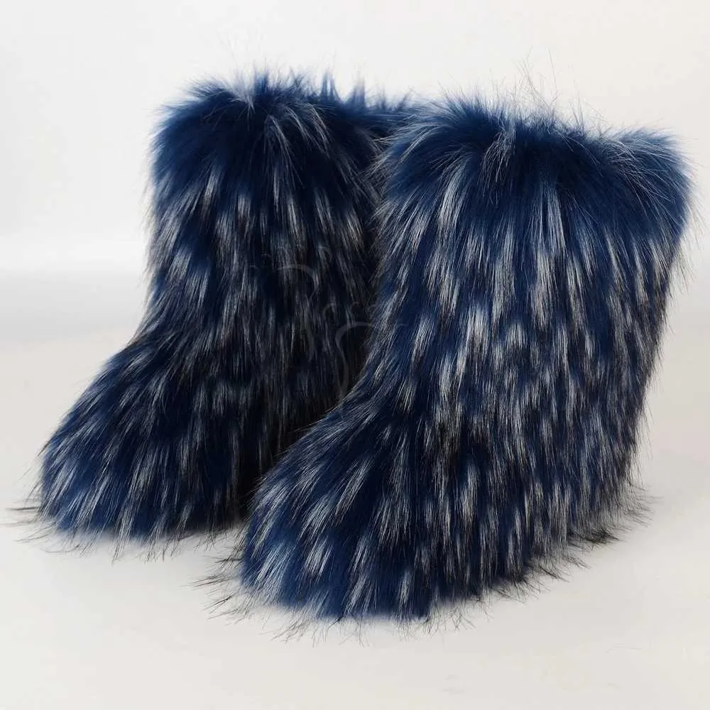 lady Winter Fuzzy Boots Women Furry Shoes Fluffy Fur Snow Boots Plush lining Slip on Rubber Flat Outdoor Bowtie Warm Ladies Footwear