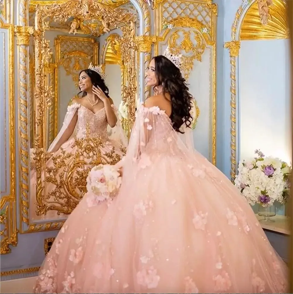 Abiti Quinceanera Rosa Fiori Sweetheart Sweet 15 Vestito Da