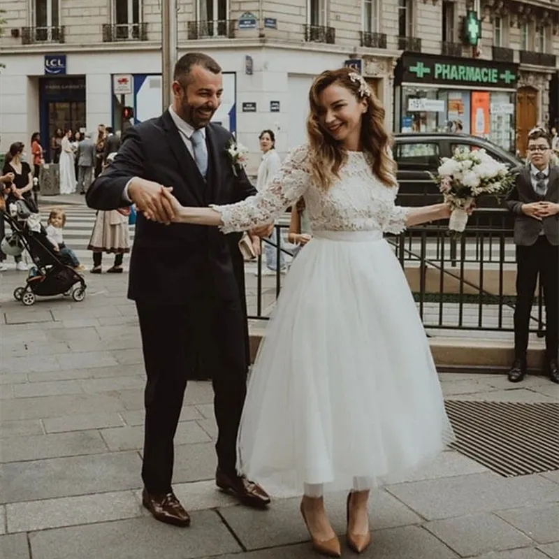 Vintage Ivory Tulle A Line Dress Bride With Lace Top And Long Sleeves Tea Length Garden Inspired Bridal Gown 2024 From Chicweddings 97.69 DHgate.Com