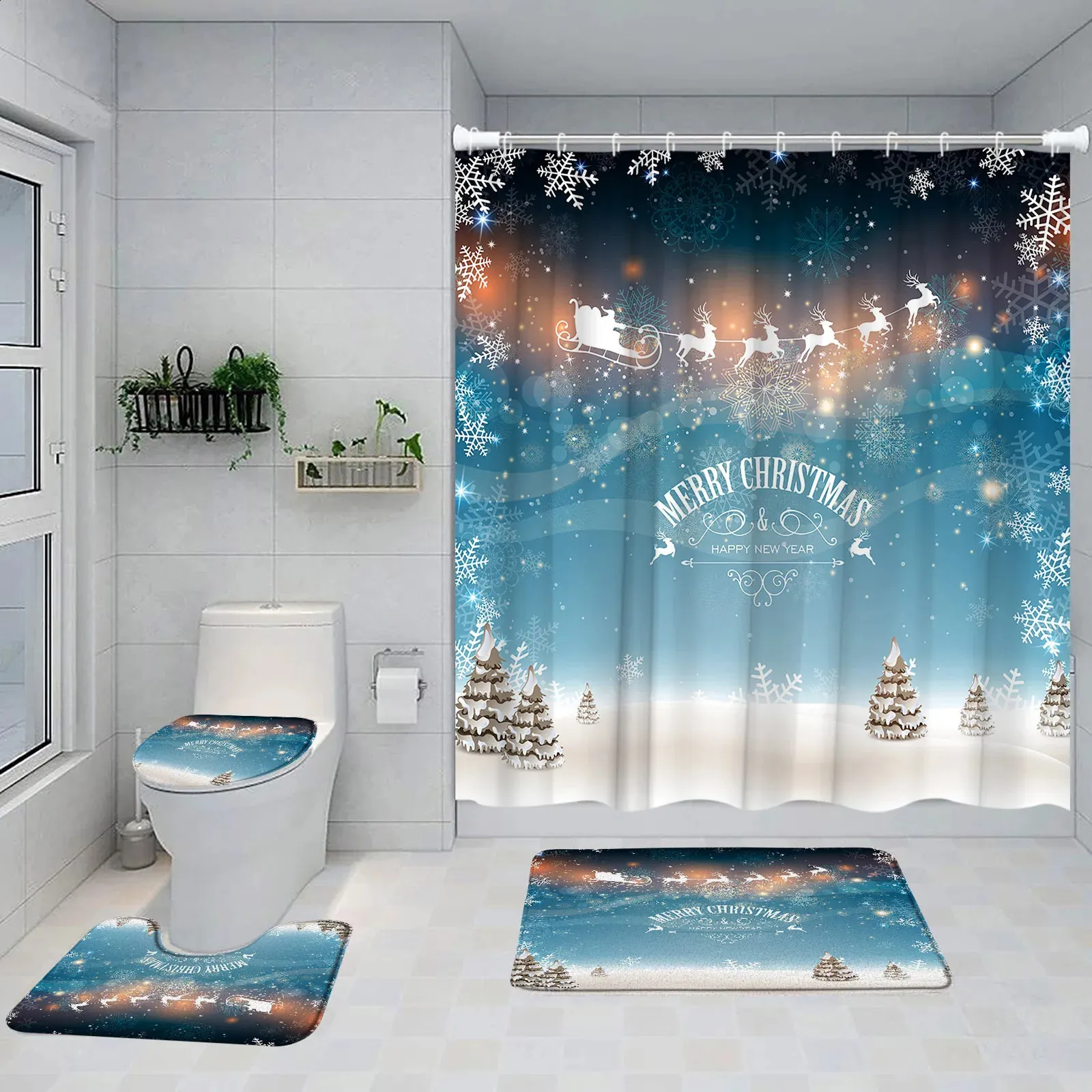 Rideau De Douche Noël Magique - Motif Sapin Et Bonhomme De Neige - Imperméable Anti-Moisissure - 180x200 Cm Avec 12 Anneaux - Ambiance Hivernale Festive