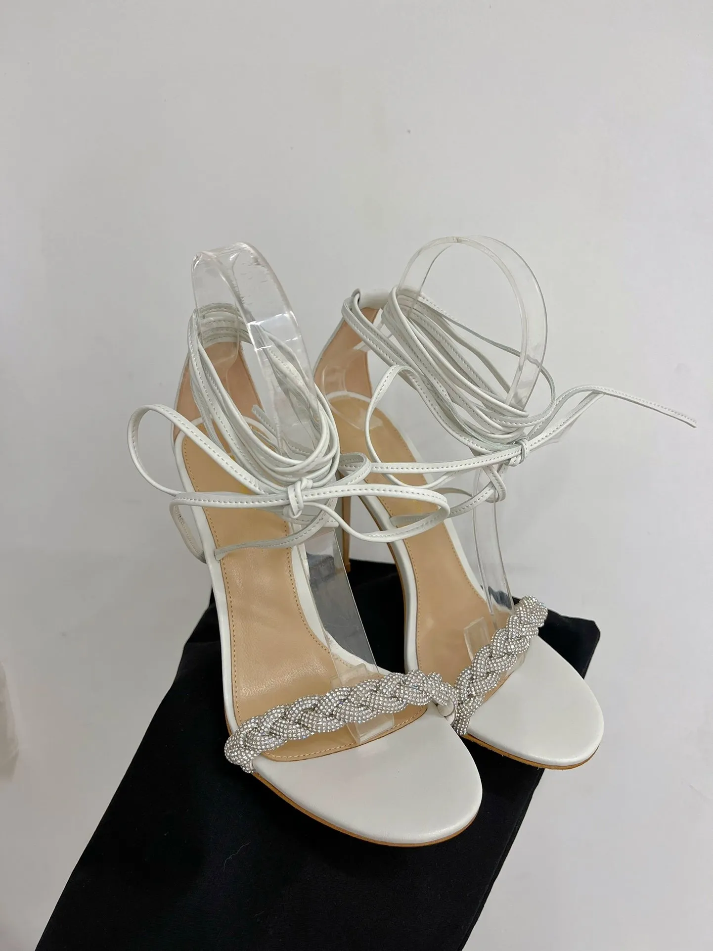 Public Desire Amelia Black Patent Sparkly Diamante Strappy Bow Square Toe High  Heels in White | Lyst