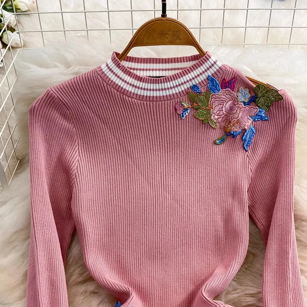 Basic Casual Dresses Temperament Pink Knitted Patchwork Mesh Cake Dress Autumn Women O Neck Embroidery Flowers Ruffles Fake Two Piece Midi Vestidos 2024