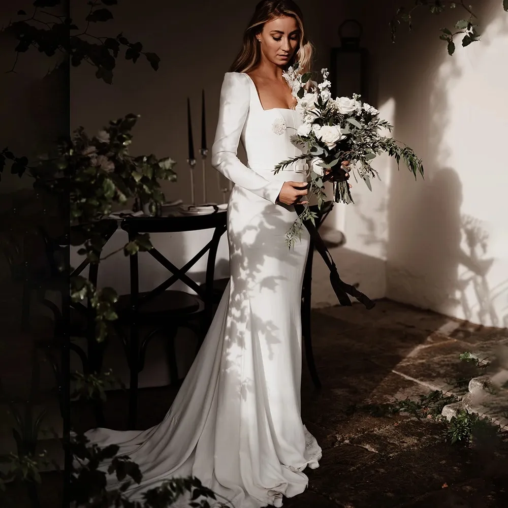 knee length dresses for ladies Simple Mermaid Satin Wedding Dress with Puffy Sleeves main image 1