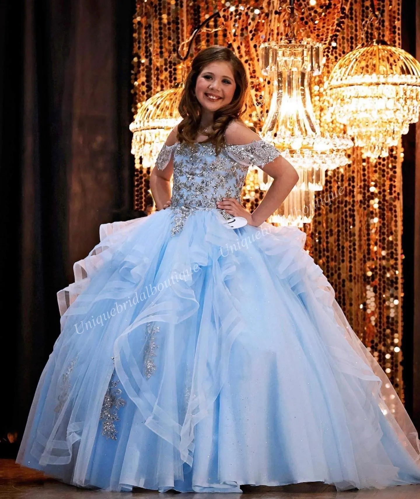 Adela Richer Girls' Lace High Neck Pageant Dress - Ball Gown Hi-Low With Appliques, Sky Blue, Customizable - View #4