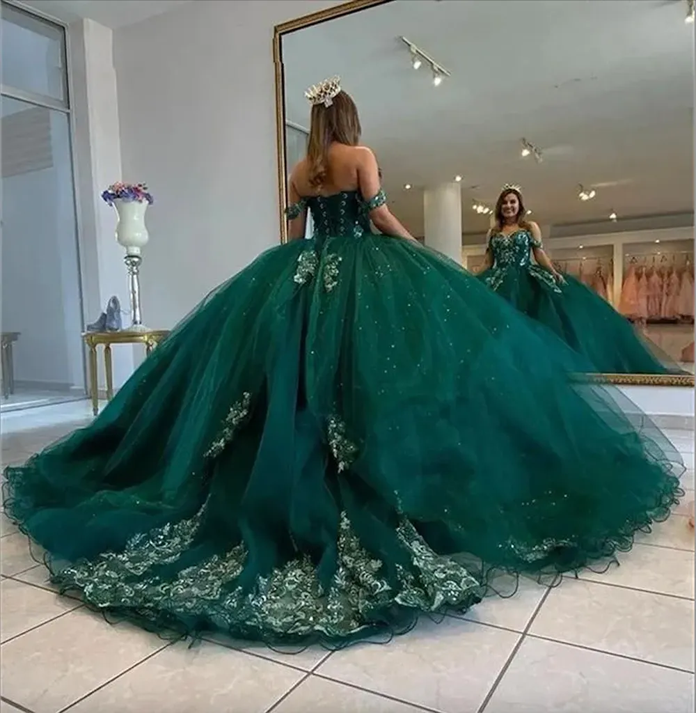 Dark Green Tulle Ball Gown Quinceanera Dress Gold Applique Sweet 16 Formal  Gowns