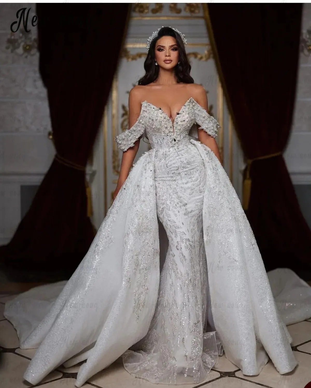 Elegant 3D Appliques Lace Evening Dresses Fashion Deep Pearls V Neck Slim Fit Detachable Train Prom Dresses Size Custom Made vestido de novia D H23641