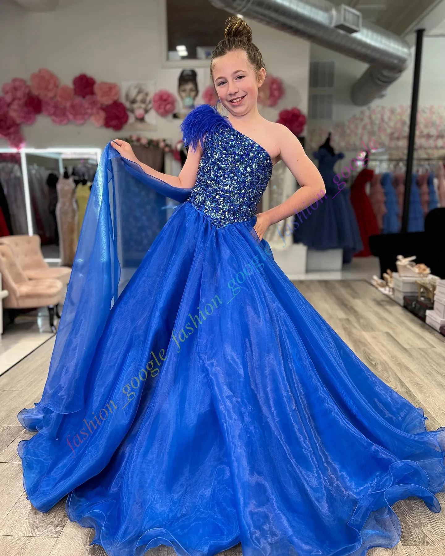neon junior dresses One-Shoulder blue stones and crystals Royal Pageant Dress for Little Girls - Fun Fashion for Birthday, Formal Cocktail Party, and Drama