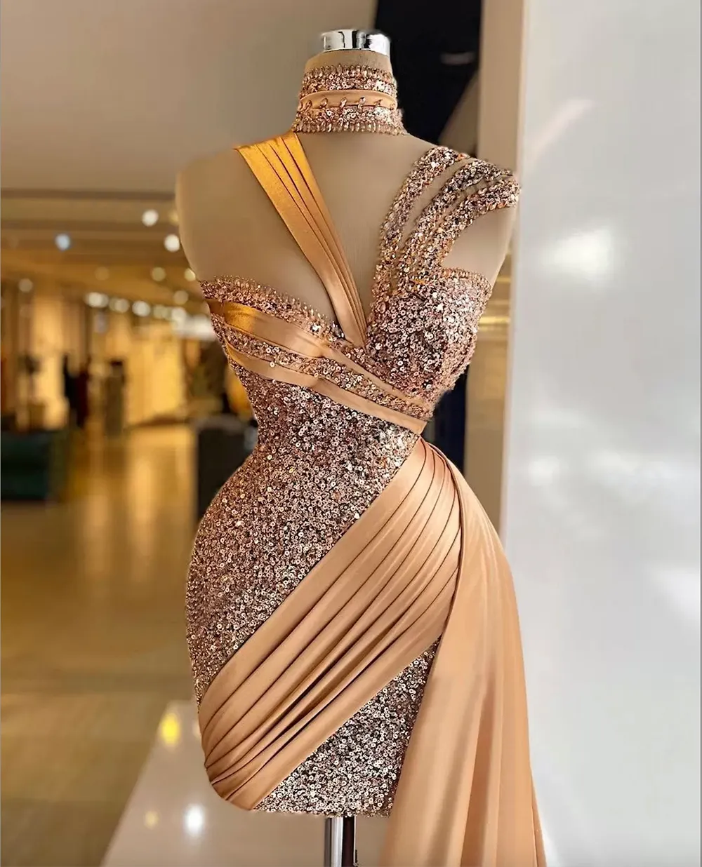 Sparkle Gold Mermaid Evening Dresses With Over Skirt Sequin Pleat Short  Prom Gowns High Collar Ladies Sexy Vestido De Novia From Verycute, $53.99 |  DHgate.Com