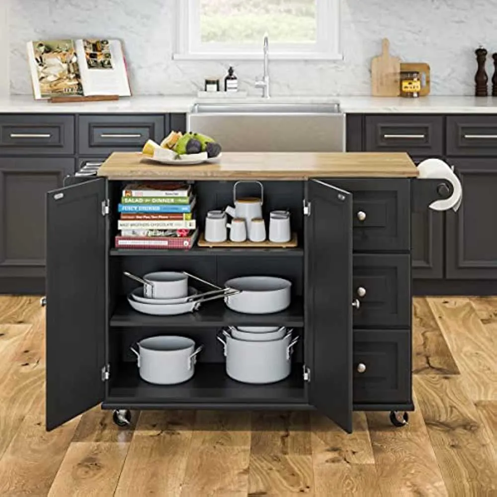 Drop-Leaf Kitchen Island Trolley Cart Wood Storage Cabinet With Spice Towel Rack