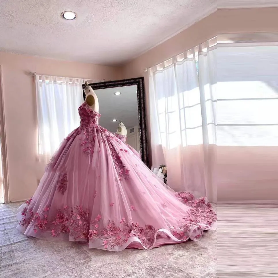 Hot Pink Quinceanera Dresses 3D Floral Appliques Beading Modern Off Shoulder Lace-up Corset Princess Prom Vestidos De 15 Anos