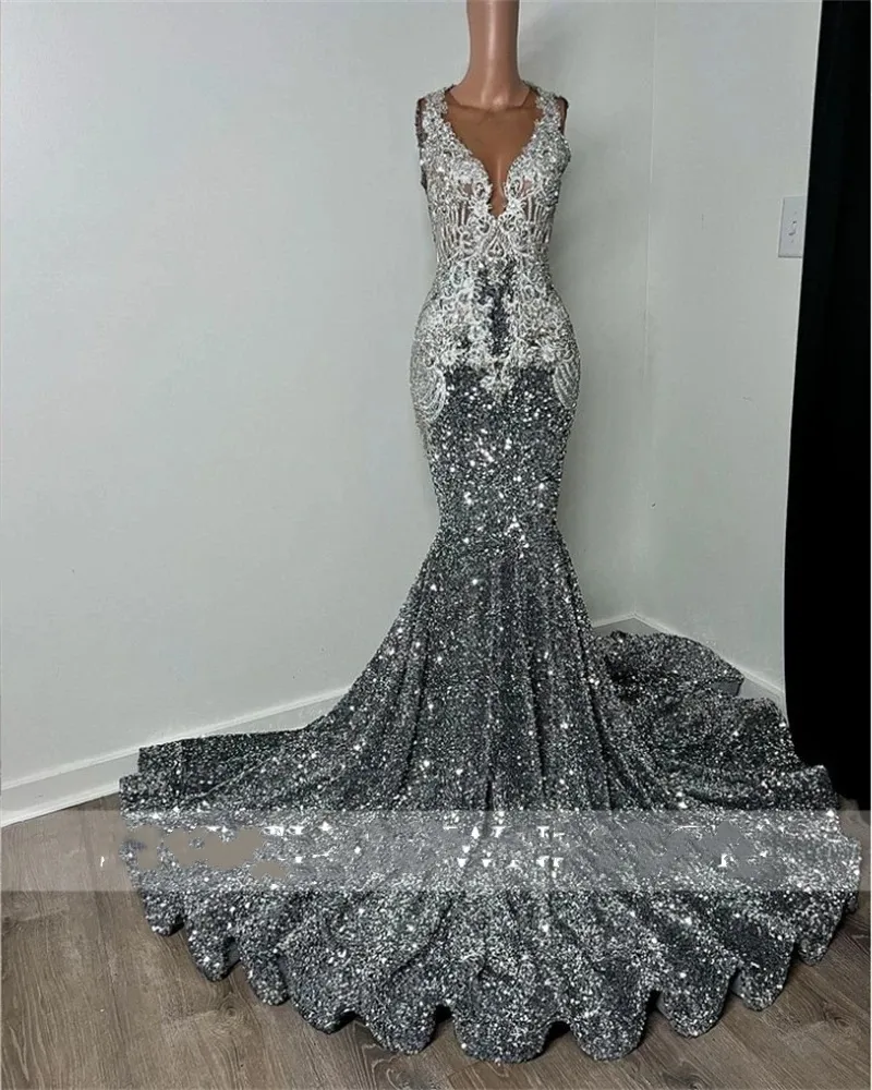 chinese dress ladies Silver Beaded Sweetheart Mermaid Long Formal Dress with Slit, Silver / 4 / Spandex main image 1