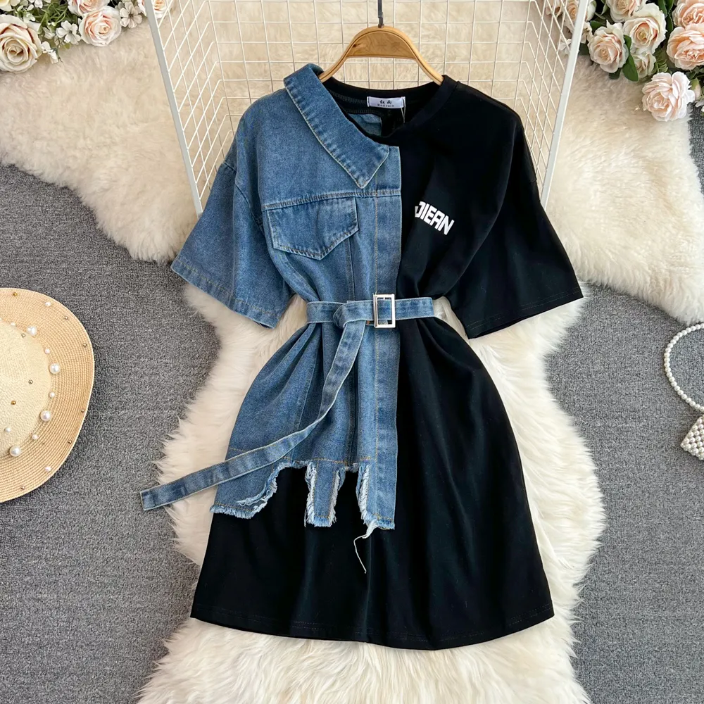 Casual Dresses Vintage Hong Kong-Style Waistband Robes 2023 Summer O-Neck Color-Blocking Denim Dress Chic Casual Medium A-Line Vestidos