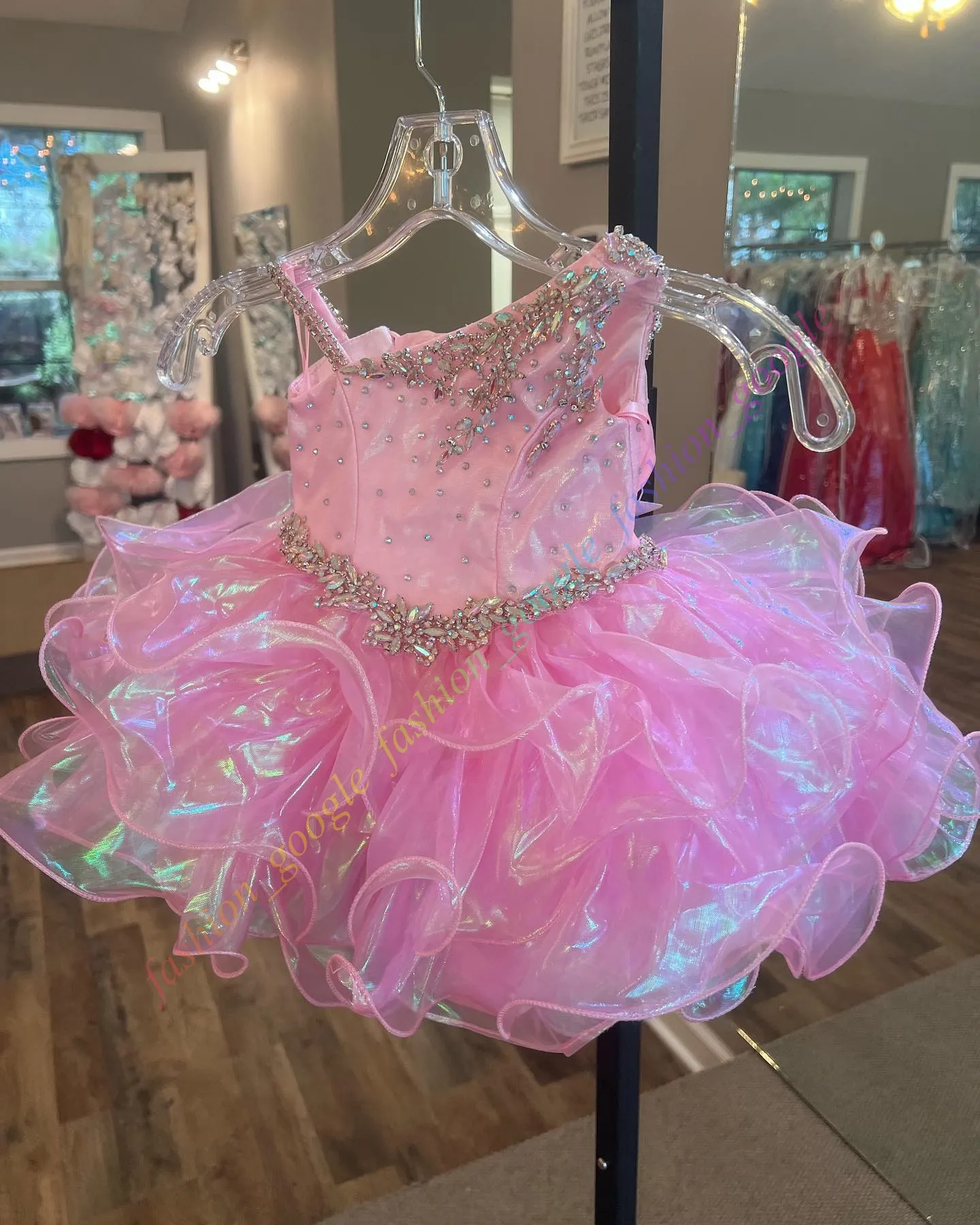Iridescent Beaded One Shoulder Cupcake Pageant Dress for Little Girls