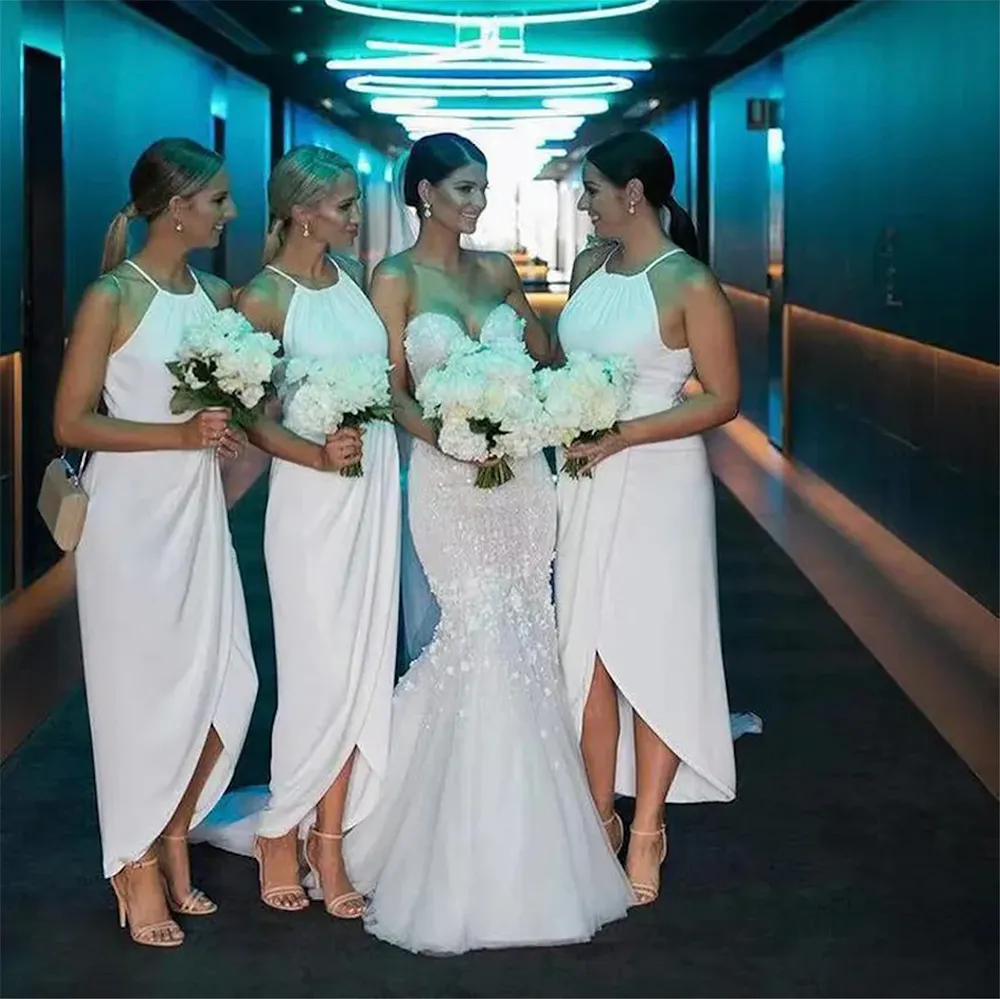 high low halter bridesmaid dress Laurel Unique Halter Ruffles Floor Length Chiffon Bridesmaid Dresses, Ivory