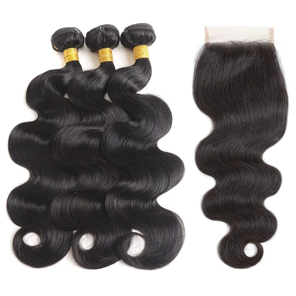 Body Wave 3 Bundles with Closure Human Hair Brazilian Bundles and Lace Closure 4x4 Free Part Unprocessed Remy Human Hair Extensions Bundles Greatremy Hair Slays 9A