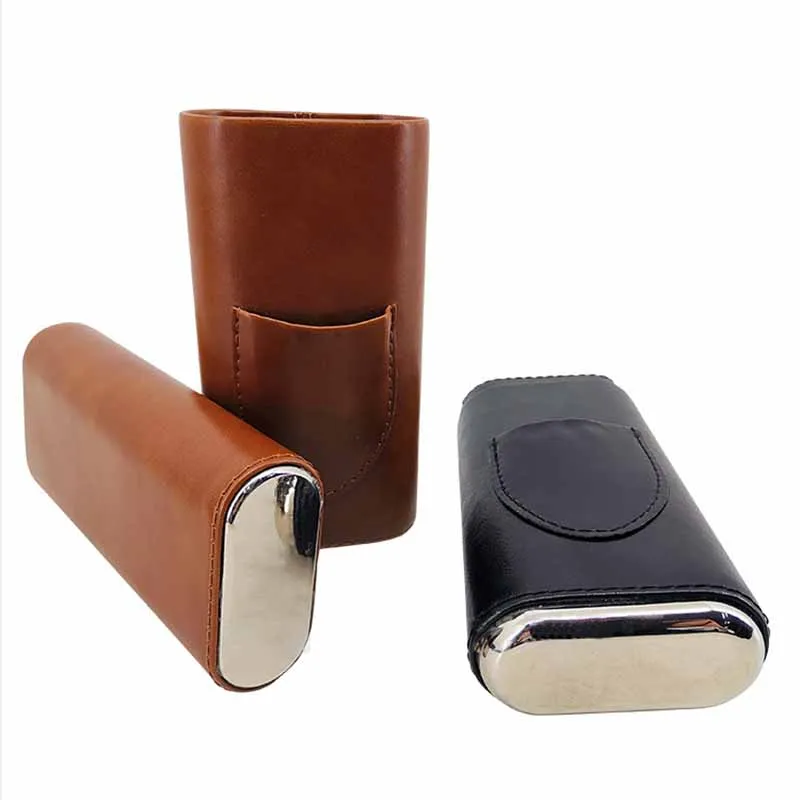 Custom New Design Brown Cigar Leather Humidor Box Luxury Portable Travel Cigar Set With Stainless Steel Cutter