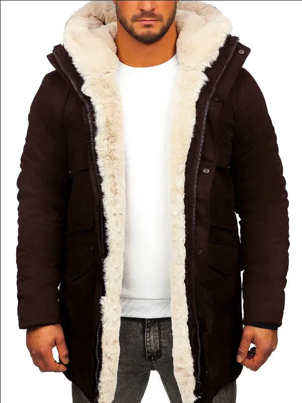 Mens Warm Faux Fur Hooded Peacoat Mens Long Sleeve Parka Coat For
