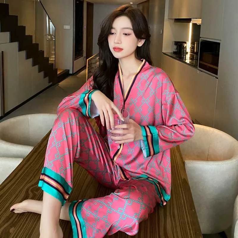 Women's Sleep Lounge V Neck Letter Cross Printed Flower Satin Pajamas Sets  Japan Best Selling Girls Sleepwear Casual Women Home Clothes Sexy P230408
