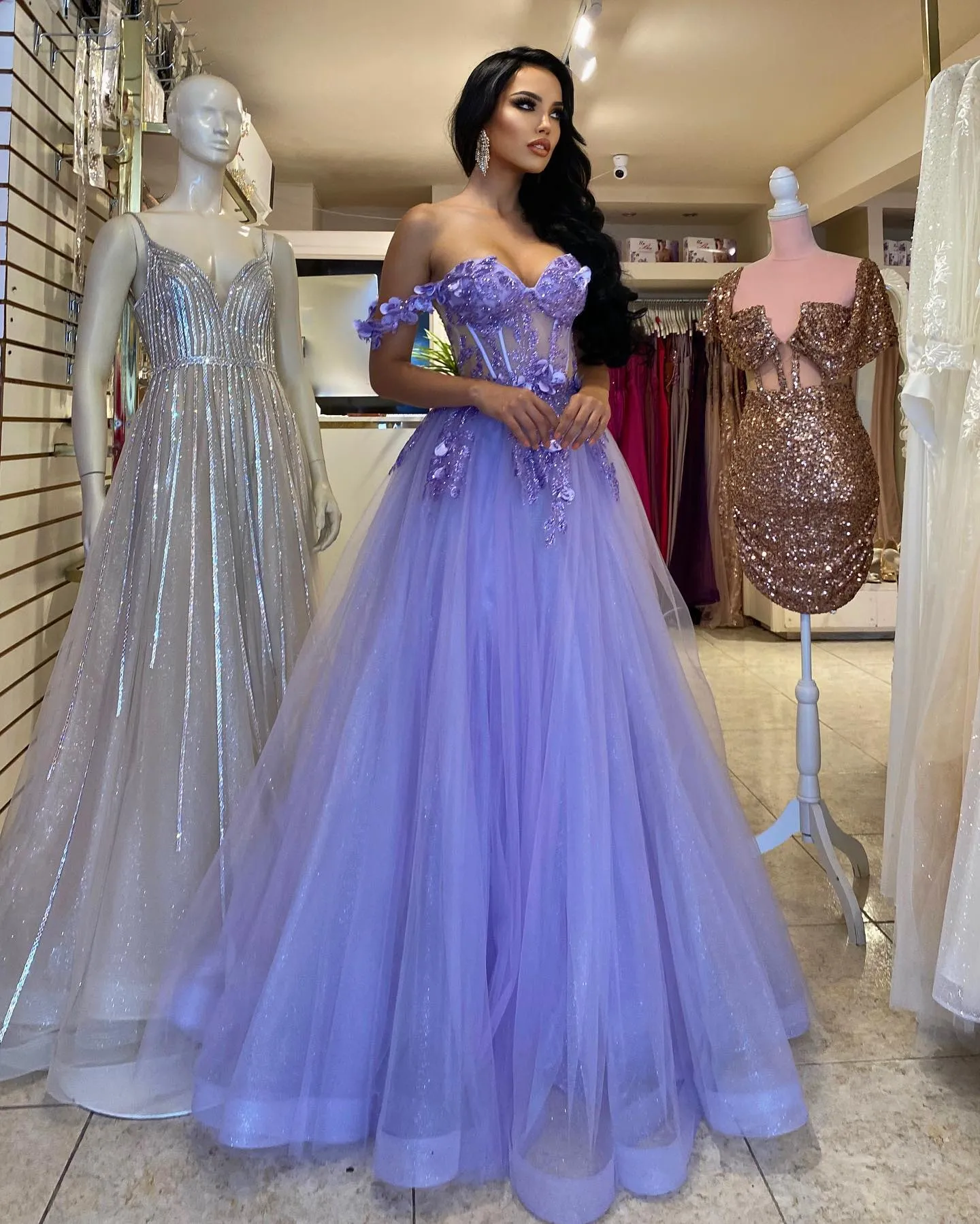 Plunging V Neck Glitter A Line Prom Dresses With Slit Long Princess Ball- Gown – Yelure