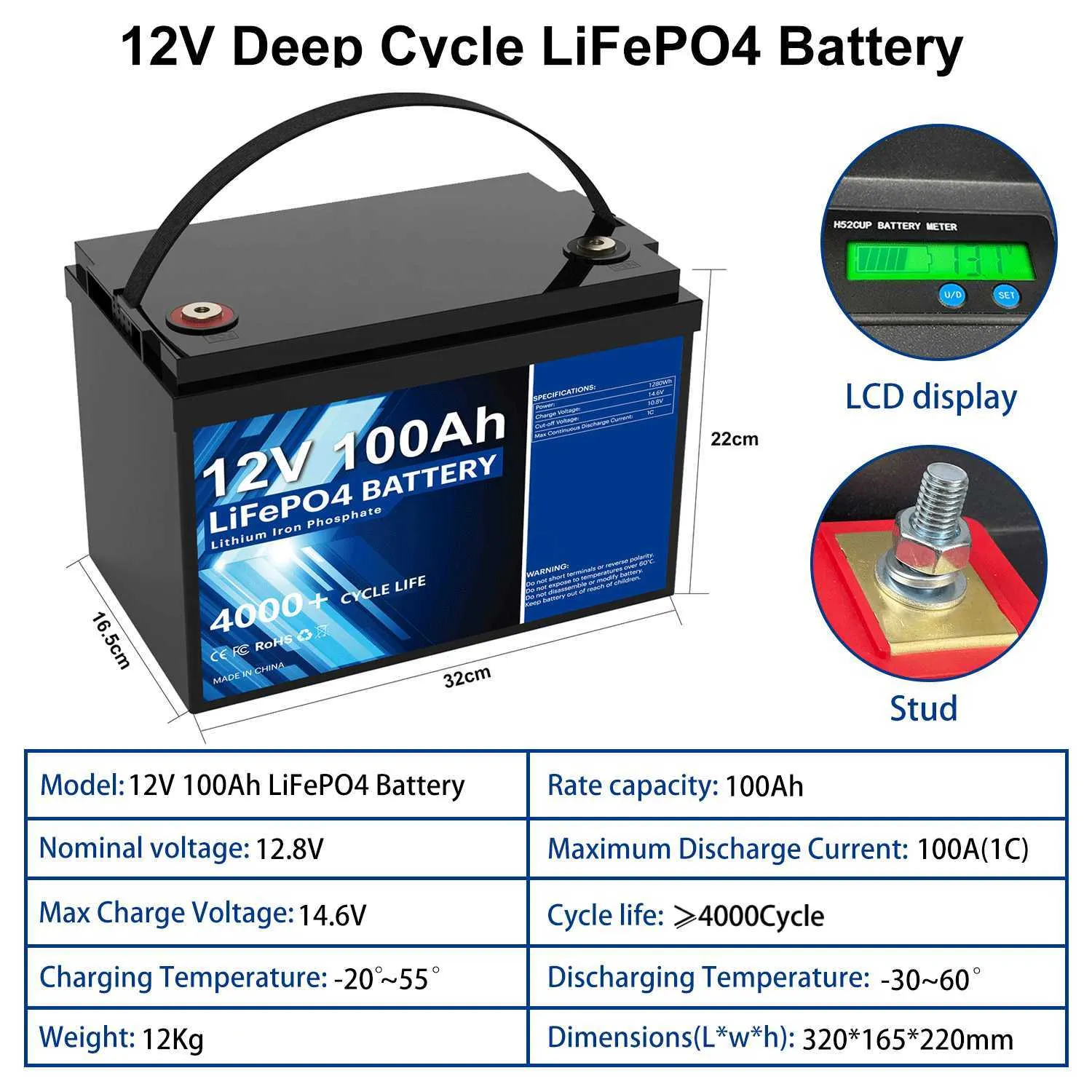 Batterie Lithium Ion Lifepo4 12V, 100ah, 200ah, Capacité 100