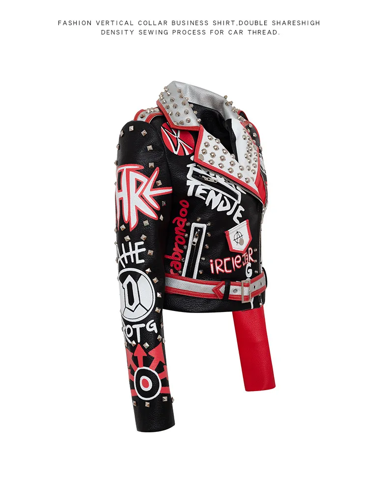 【新品タグ付き】ENFÖLD BI-COLOR PARKA Women Punk Rock Faux Leather Jackets Fire Graffiti And Eagle