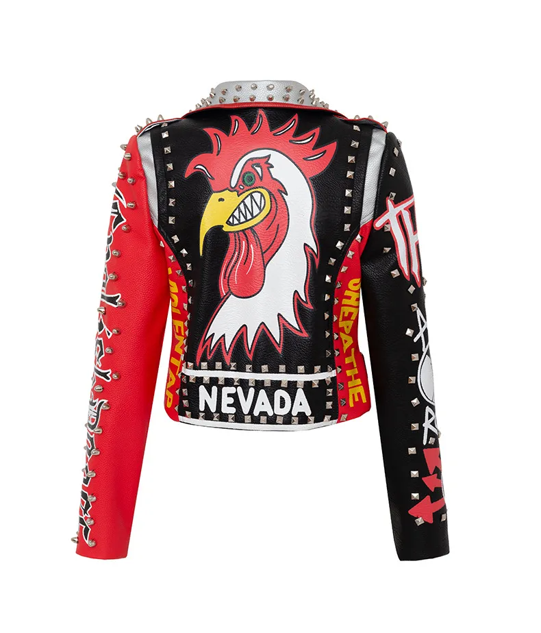 Edgy Womens Punk Biker Jacket - Graffiti Floral Print, Rivet