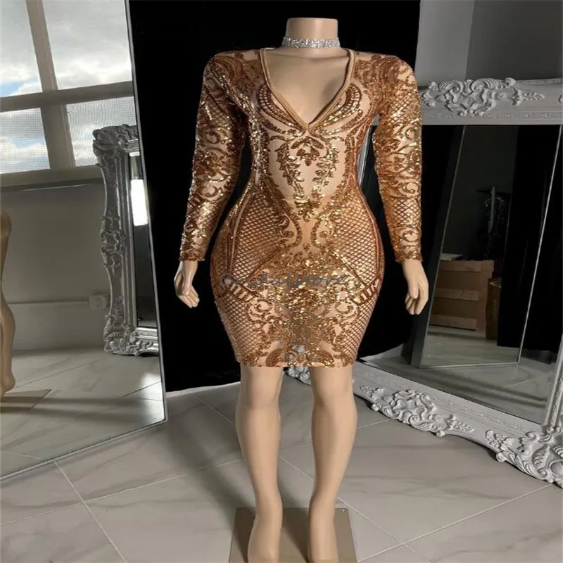 SMALAKAM Sequin Gold Prom Dress For Teens - Short One Shoulder Fringe Cocktail Gown, Size 2 - View #7