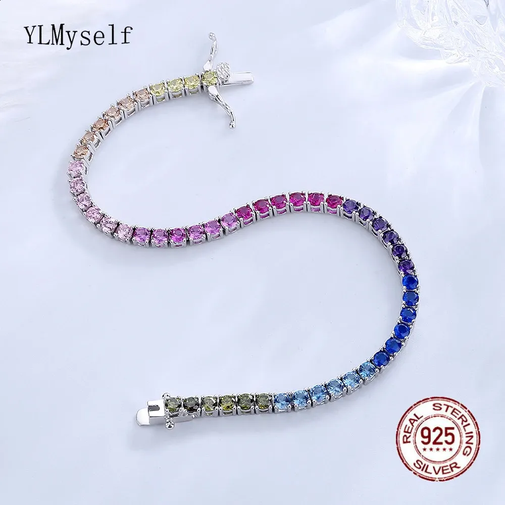 Chain Solid Real 925 Silver 3 mm Rainbow Zircon Tennis Bracelet 15/16/17/18/19/20/21 cm Pretty Colorful Fine Jewelry Chain For Women231118