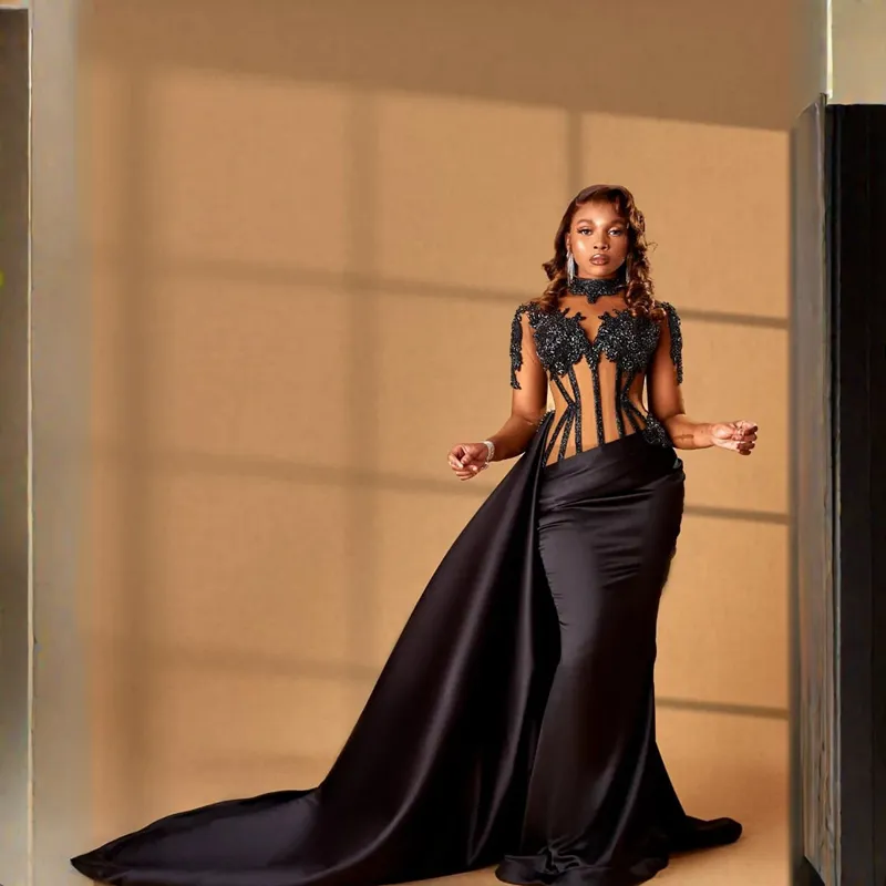 Black Lace Appliqued Beaded Beautiful Black Evening Gowns with Detachable Train - Long Sleeves, Perfect for Formal Parties, Proms, and Aso Ebi Events
