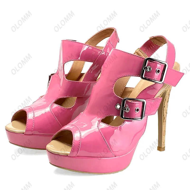 Olomm New Handmade Women Summer Platform Sandals Buckle Strap Sexy Stiletto Heels Peep Toe Fuchsia Red Party Shoes Size 5 20