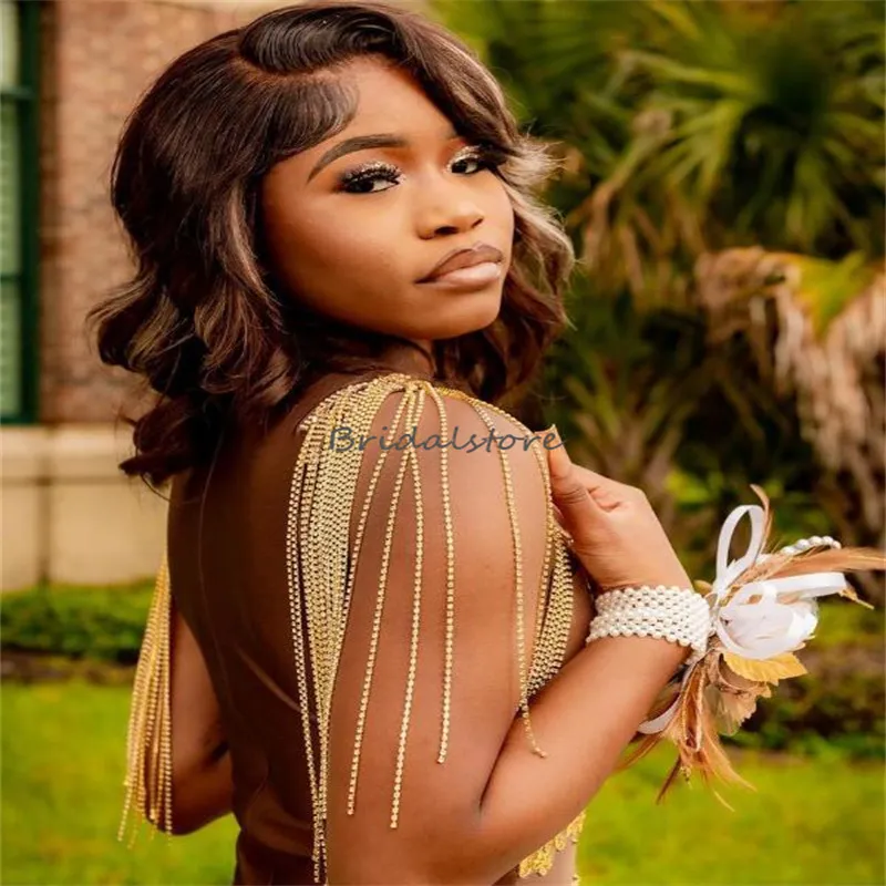 Brown Mermaid Prom Dress with Beaded Lace and Tiered Bottom for Girls