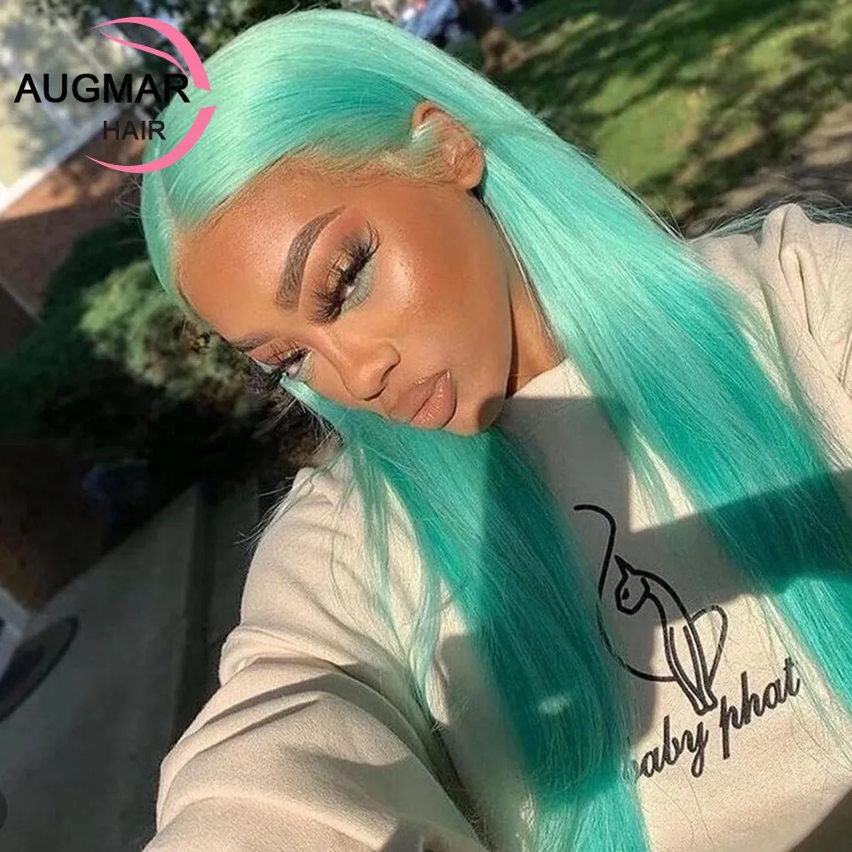 Mint Green Colored Human Hair Wigs Body Wave 13x4 HD Lace Frontal Wig 30  Inch Straight Lace Front Wigs for Women Pre Plucked