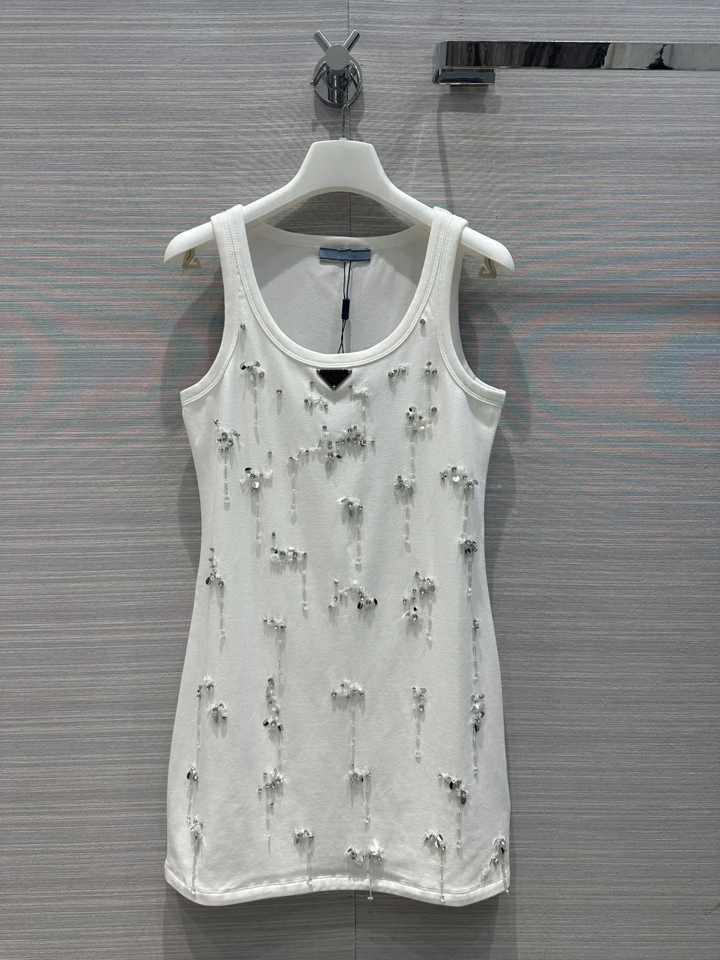 2024 High g Spring tb Casual Dresses cd Early FF New Handmade H Definition Basic Crystal Chain Embroidered Metal Ribbed Cotton Tank Top